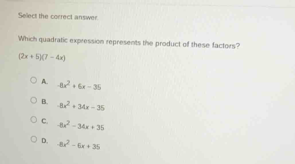 select the correct answer. which quadratic expression represents the pr…