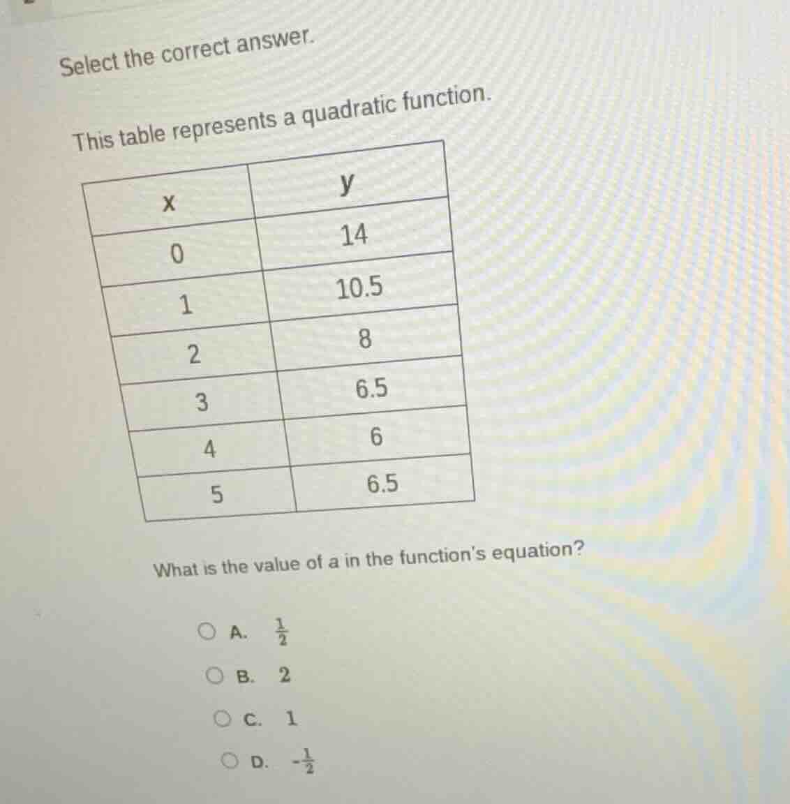 select the correct answer. this table represents a quadratic function. …