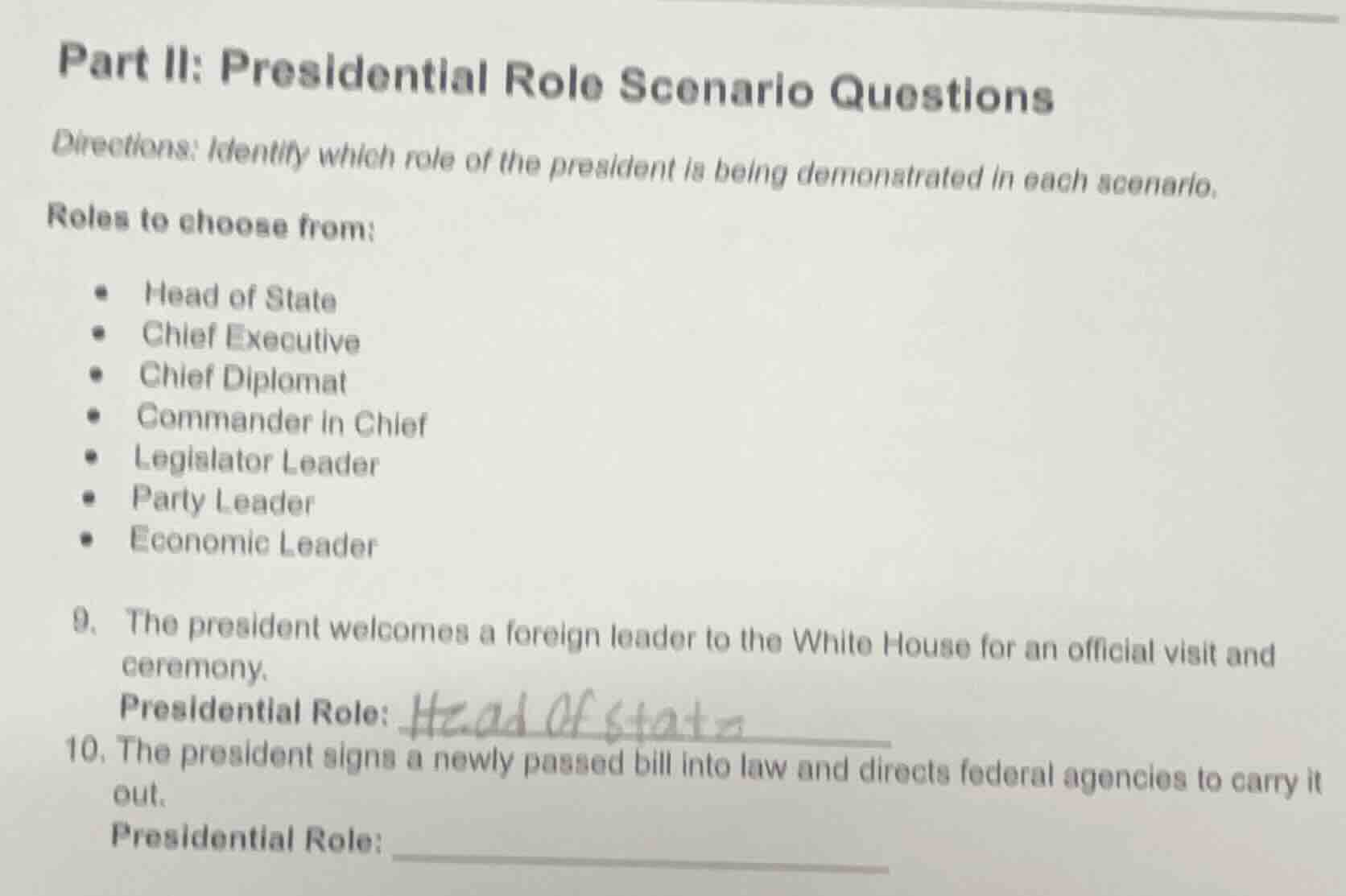 part ii: presidential role scenario questions directions: identify whic…