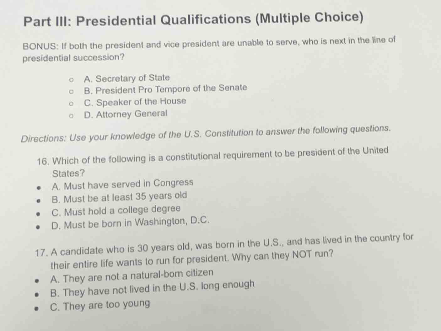 part iii: presidential qualifications (multiple choice) bonus: if both …