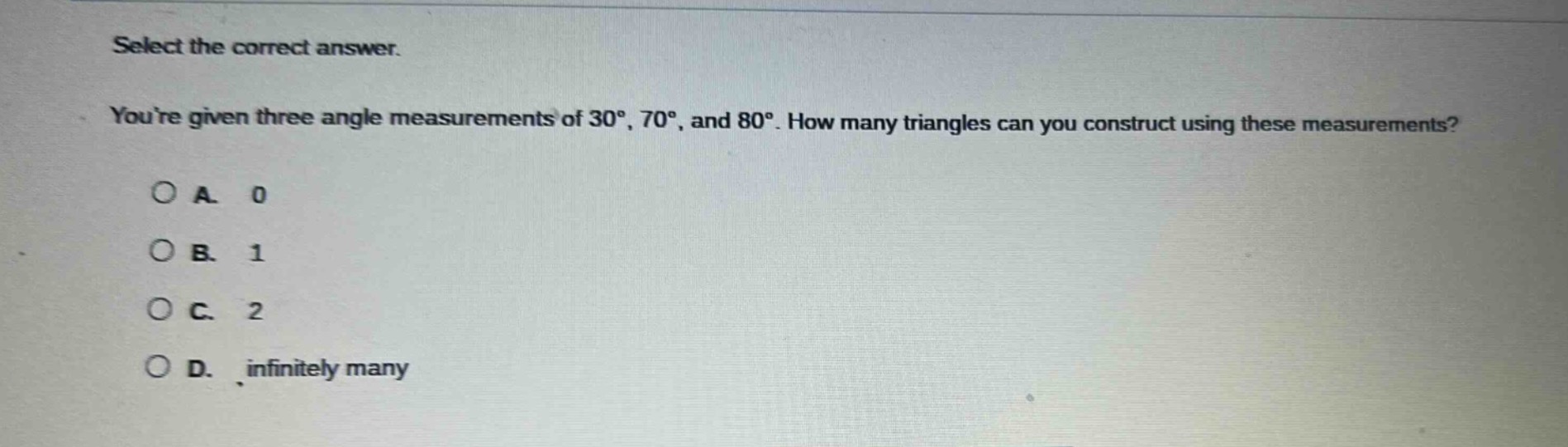 select the correct answer. youre given three angle measurements of 30°,…