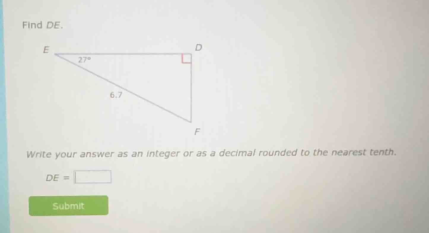 find de. triangle def with right angle at d, angle at e is 27 degrees, …