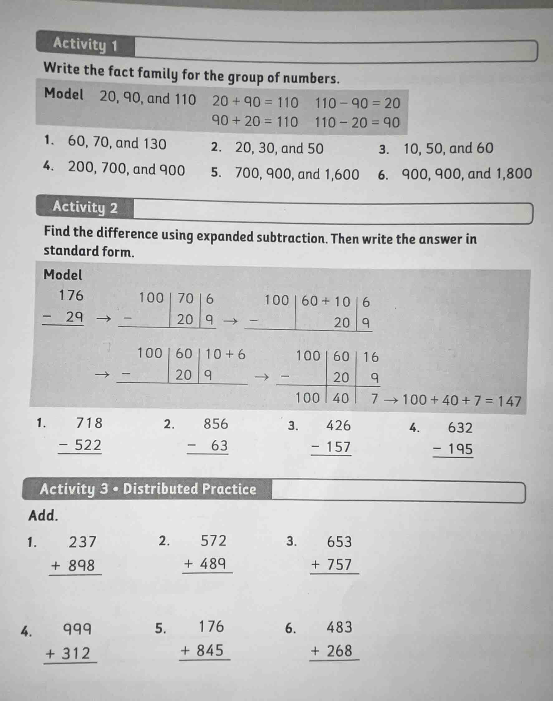 activity 1 write the fact family for the group of numbers. model 20, 90…