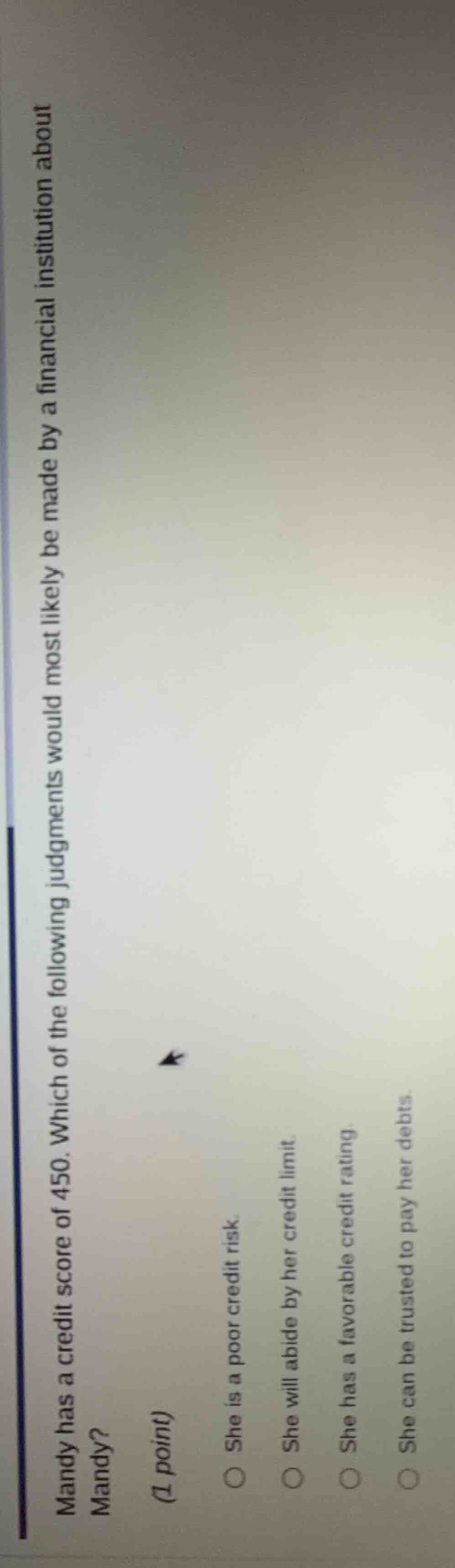 mandy has a credit score of 450. which of the following judgments would…