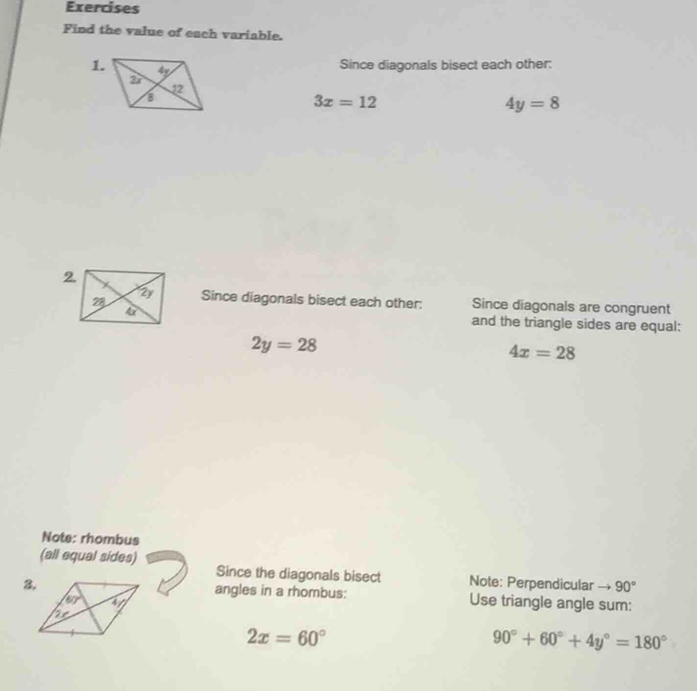 exercises find the value of each variable. 1. since diagonals bisect ea…