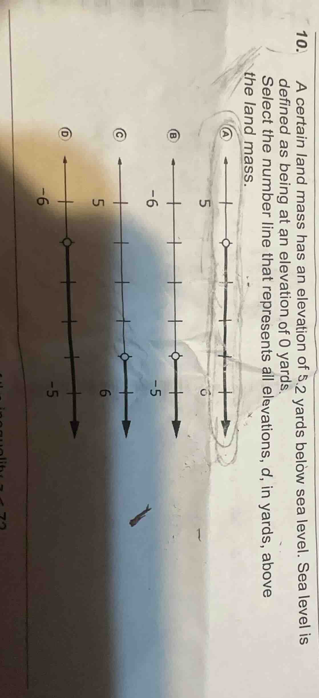 10. a certain land mass has an elevation of 5.2 yards below sea level. …