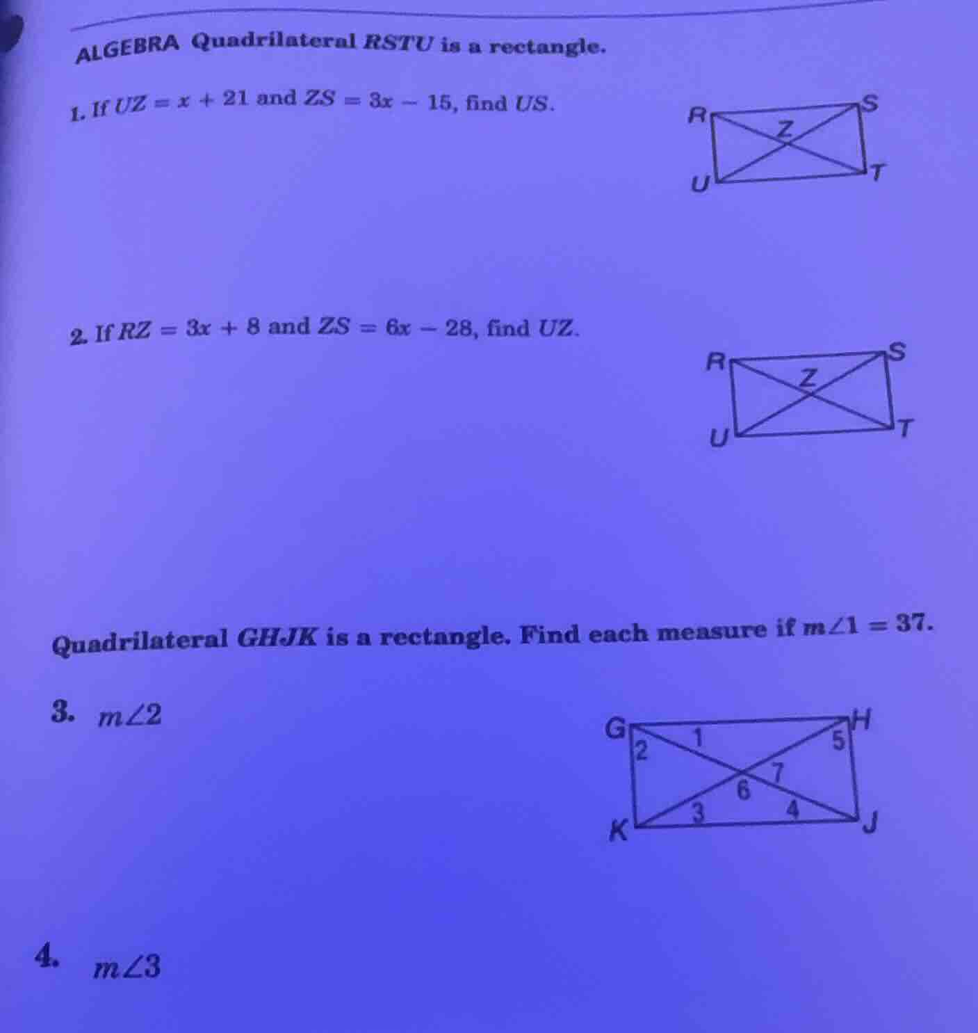 algebra quadrilateral rstu is a rectangle. 1. if uz = x + 21 and zs = 3…