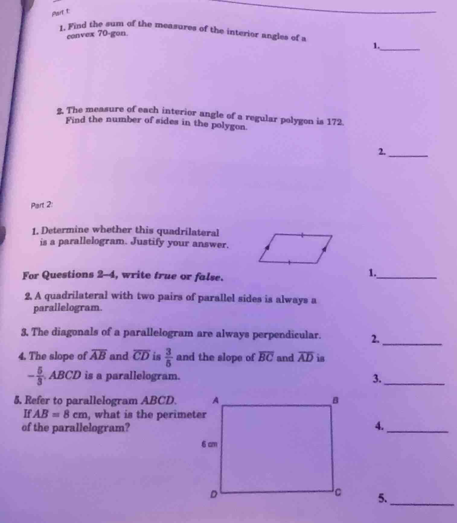 part 1: 1. find the sum of the measures of the interior angles of a con…