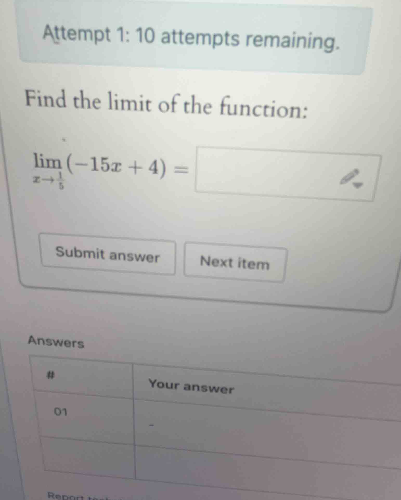 attempt 1: 10 attempts remaining. find the limit of the function: \\(\\…