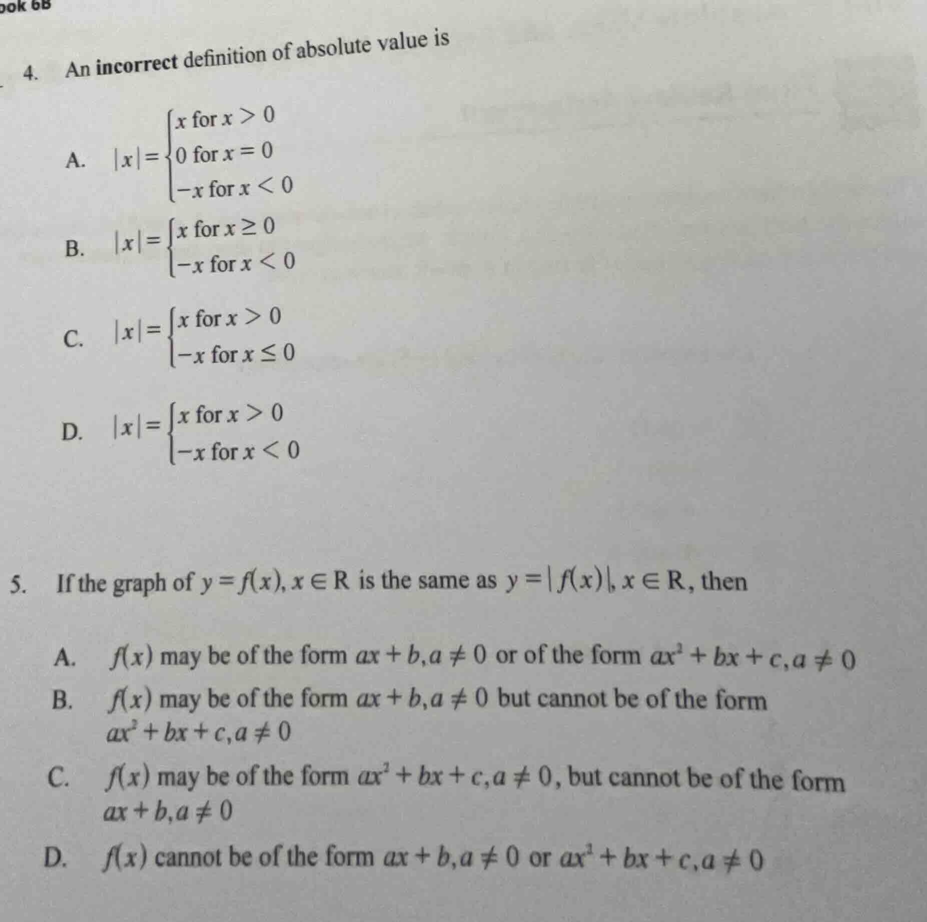 4. an incorrect definition of absolute value is a. $|x|=\\begin{cases}x…