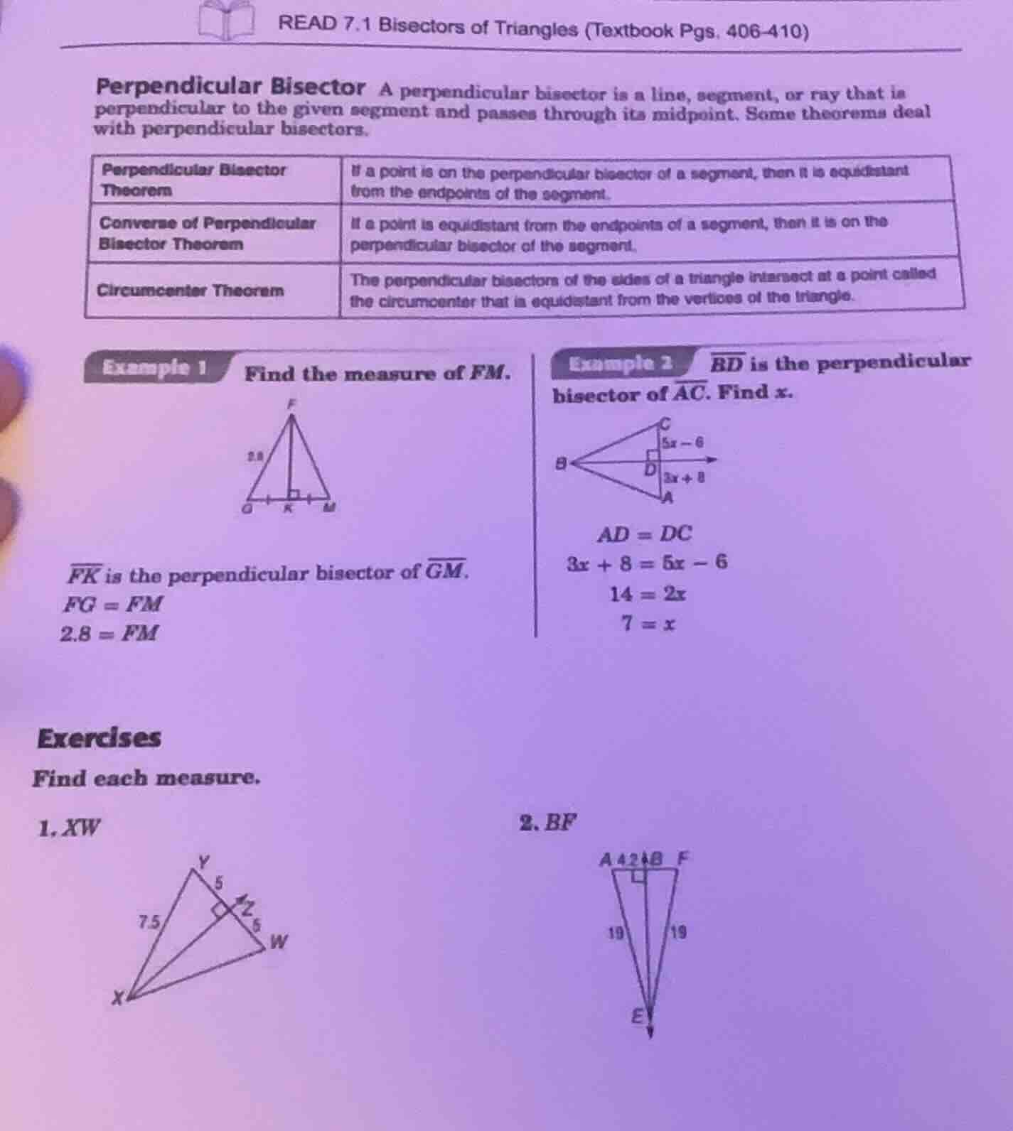 read 7.1 bisectors of triangles (textbook pgs. 406-410) perpendicular b…