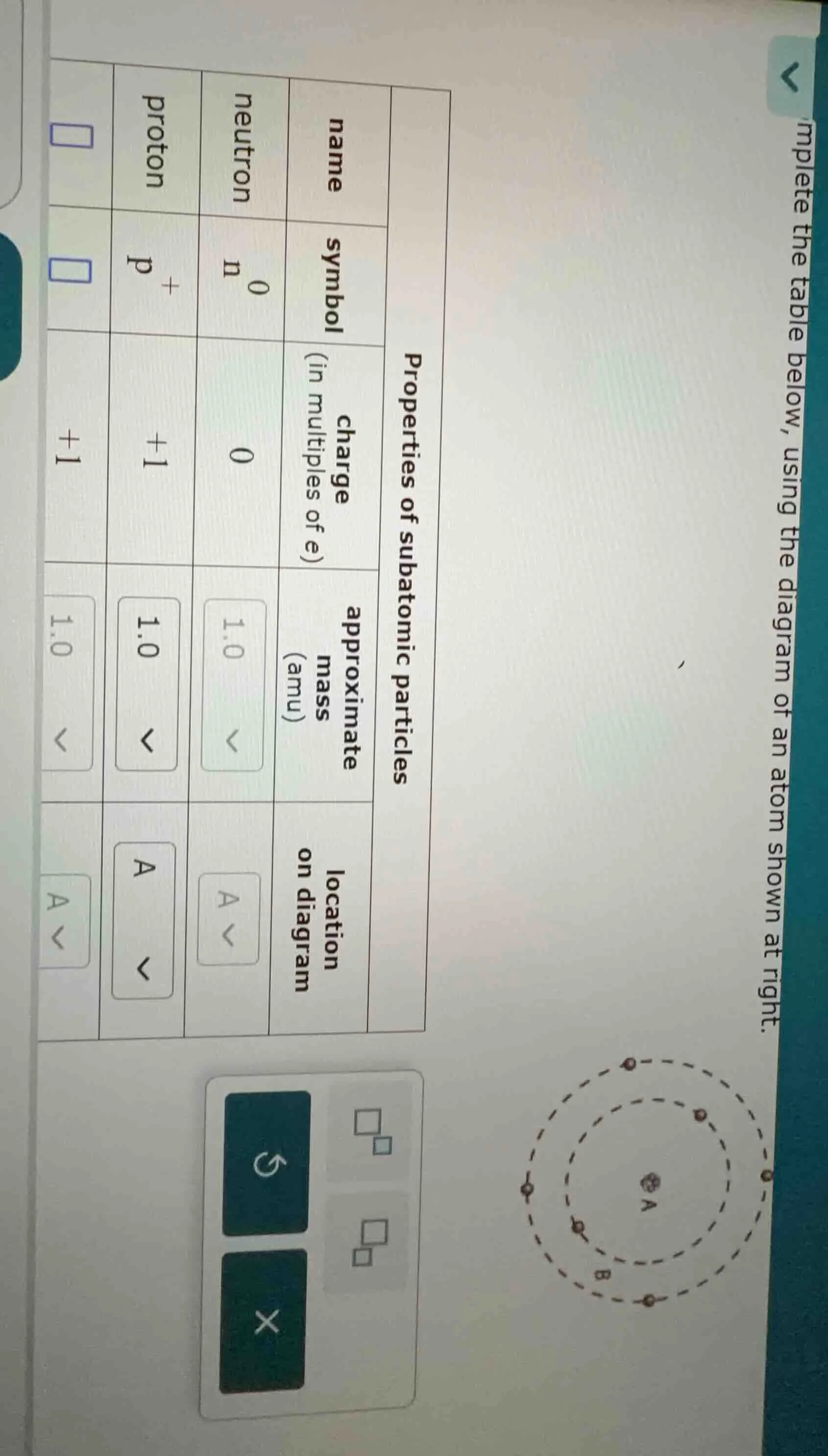 mplete the table below, using the diagram of an atom shown at right. pr…