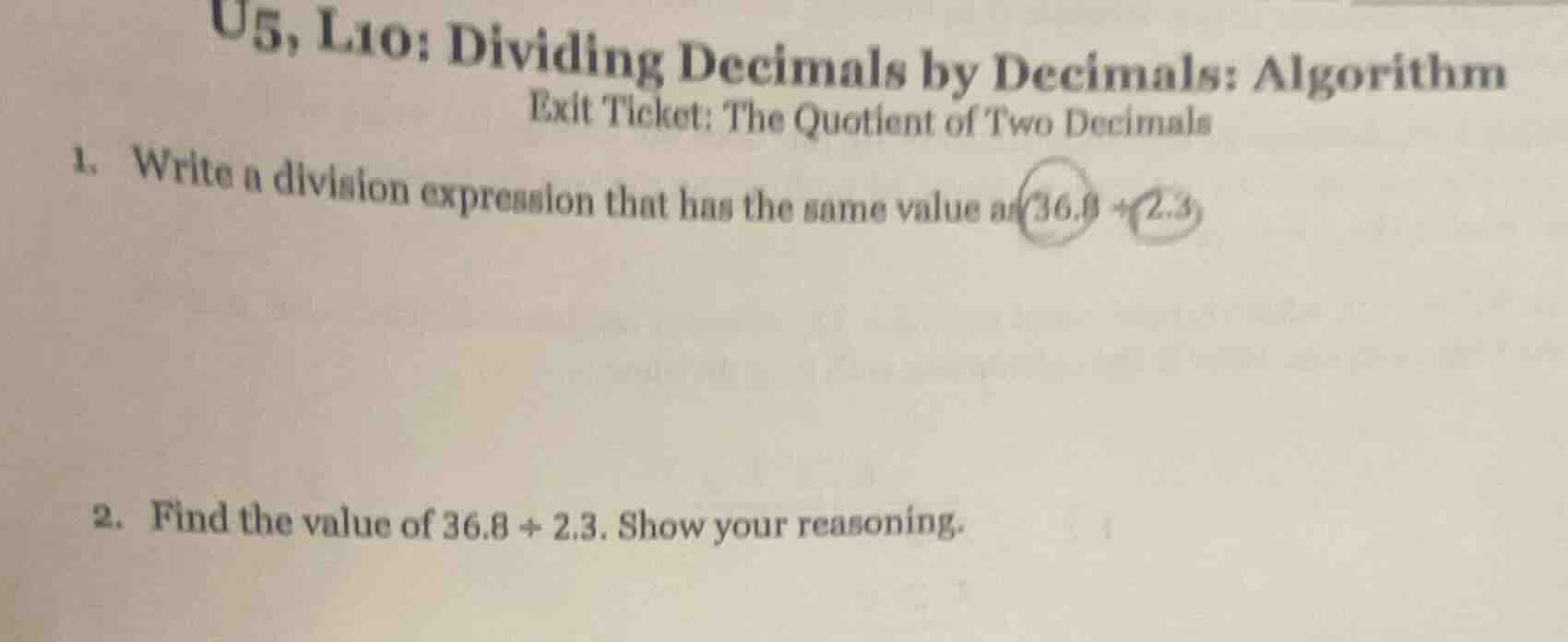 u5, l10: dividing decimals by decimals: algorithm exit ticket: the quot…