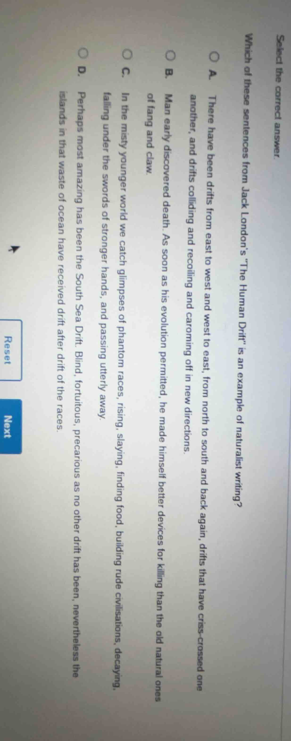 select the correct answer. which of these sentences from jack london’s …