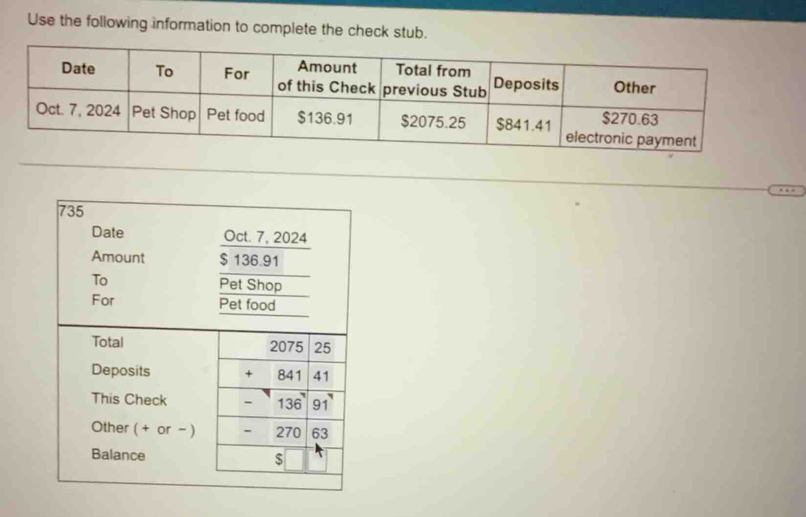 use the following information to complete the check stub. | date | to |…