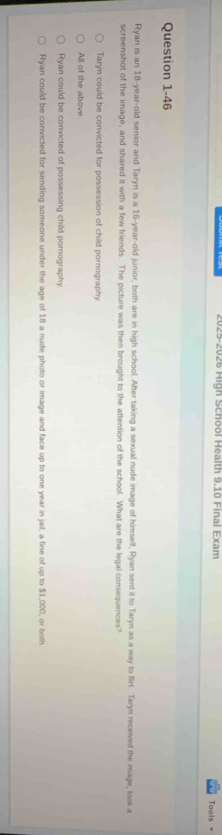 question 1-46 ryan is an 18-year-old senior and taryn is a 16-year-old …