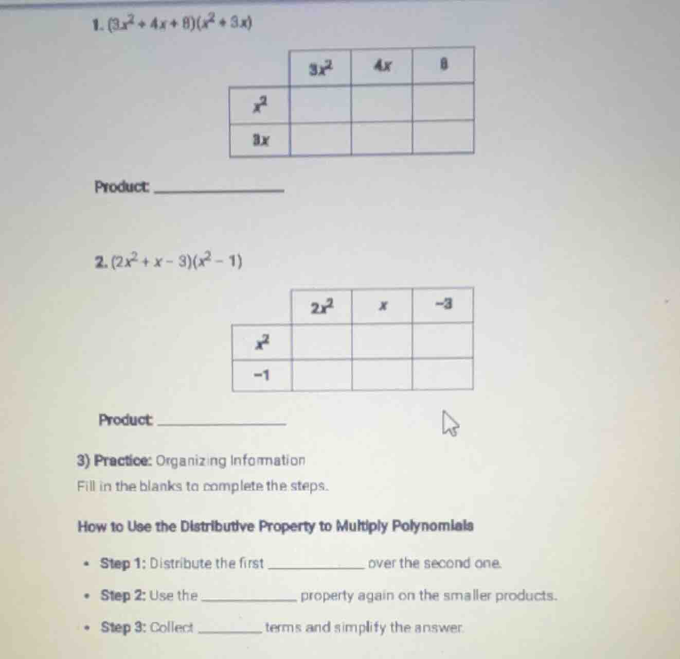 1. $(3x^2 + 4x + 8)(x^2 + 3x)$ chart with rows $x^2$, $3x$ and columns …