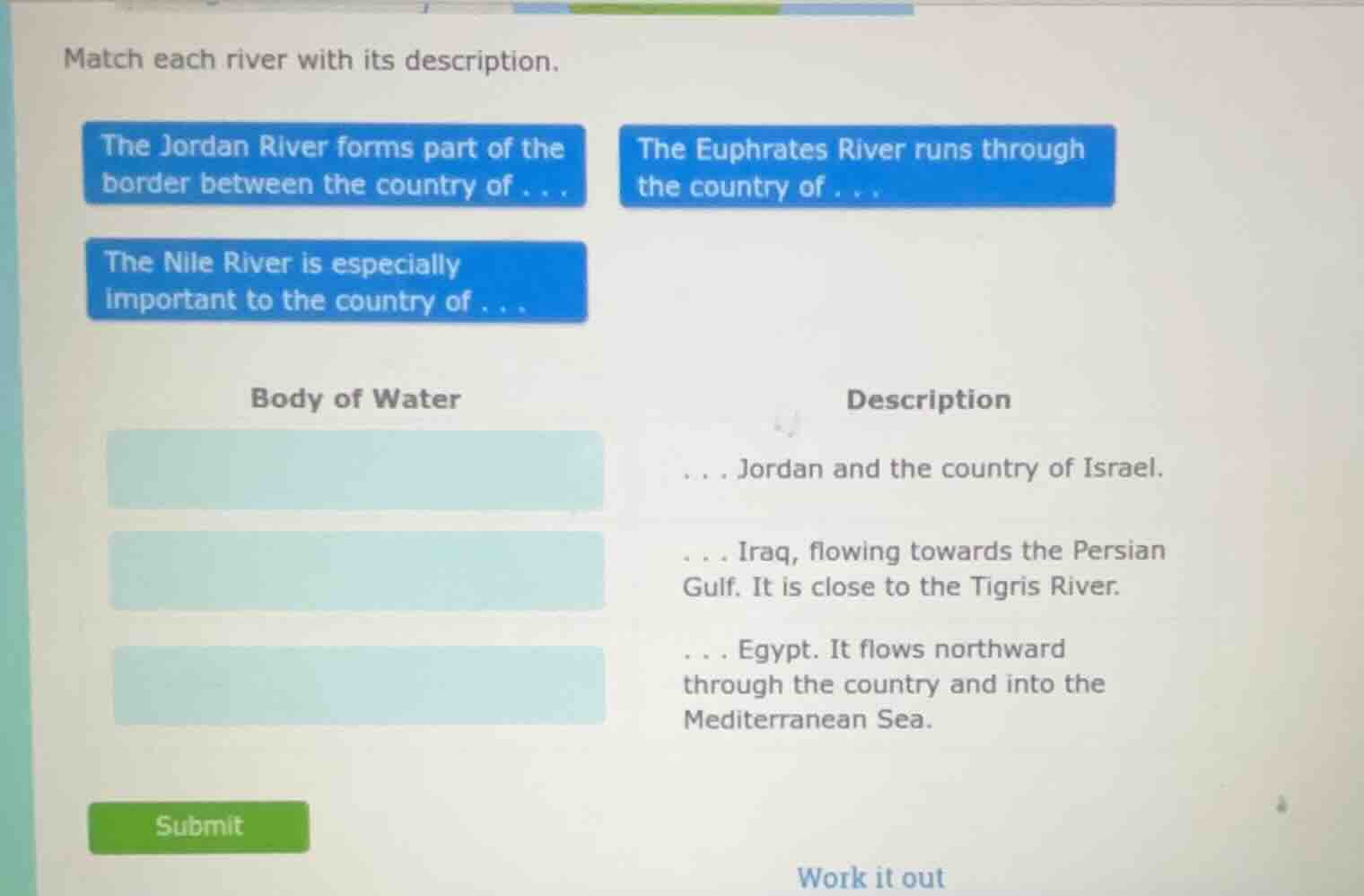 match each river with its description. the jordan river forms part of t…