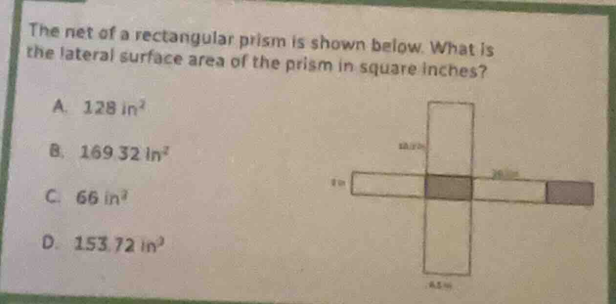 the net of a rectangular prism is shown below. what is the lateral surf…