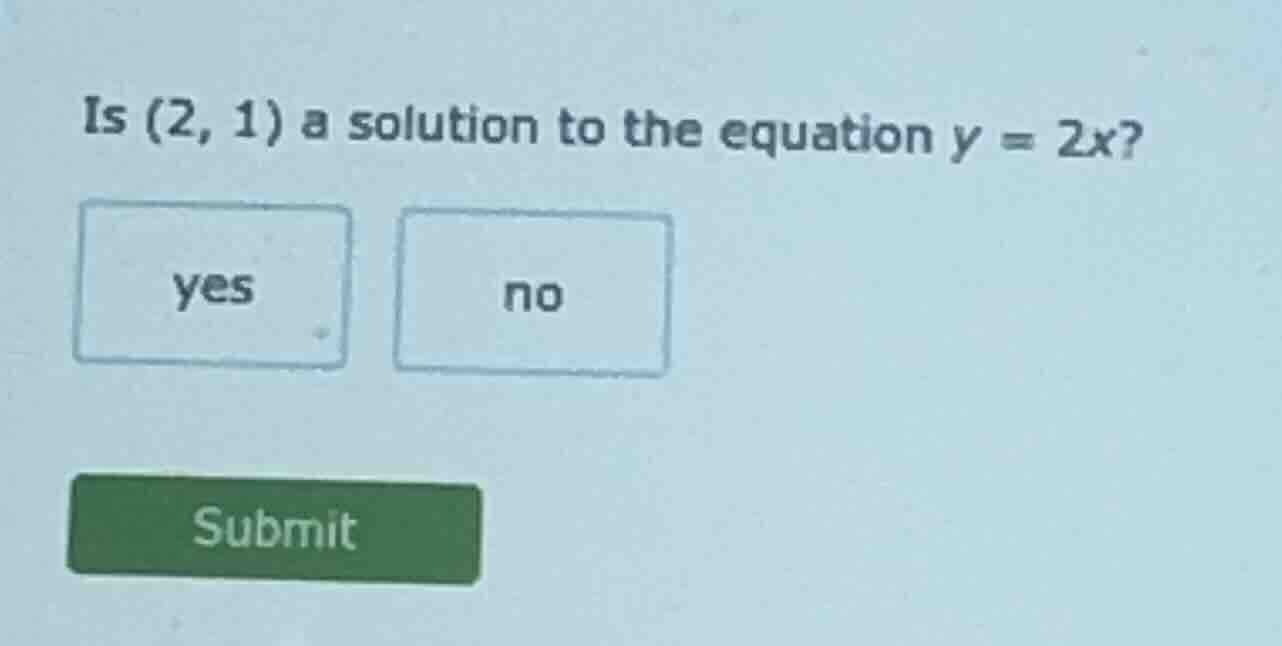 is (2, 1) a solution to the equation $y = 2x$? yes no submit
