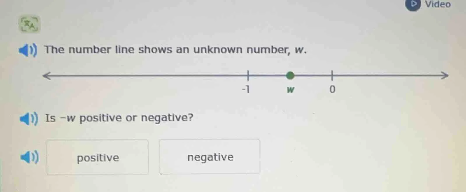 the number line shows an unknown number, w. is -w positive or negative?…