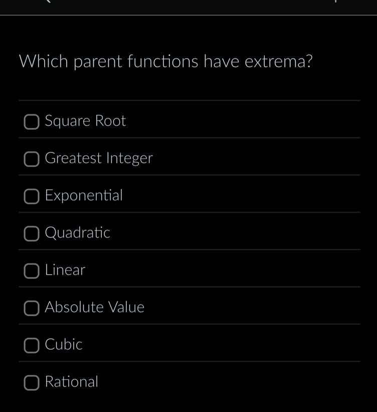 which parent functions have extrema? square root greatest integer expon…