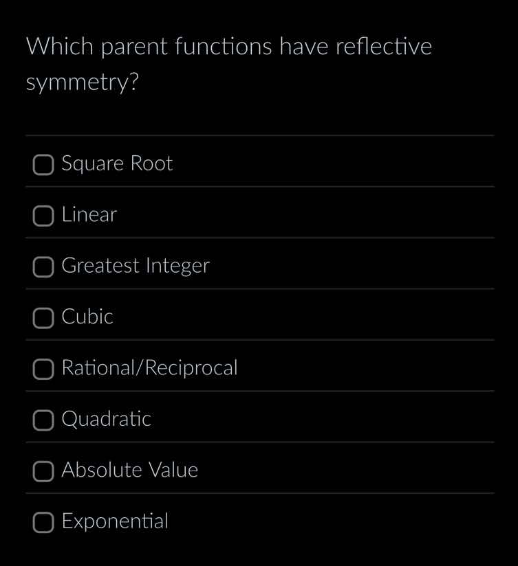 which parent functions have reflective symmetry? square root linear gre…