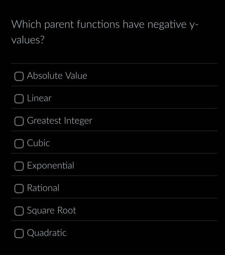 which parent functions have negative y-values? □ absolute value □ linea…