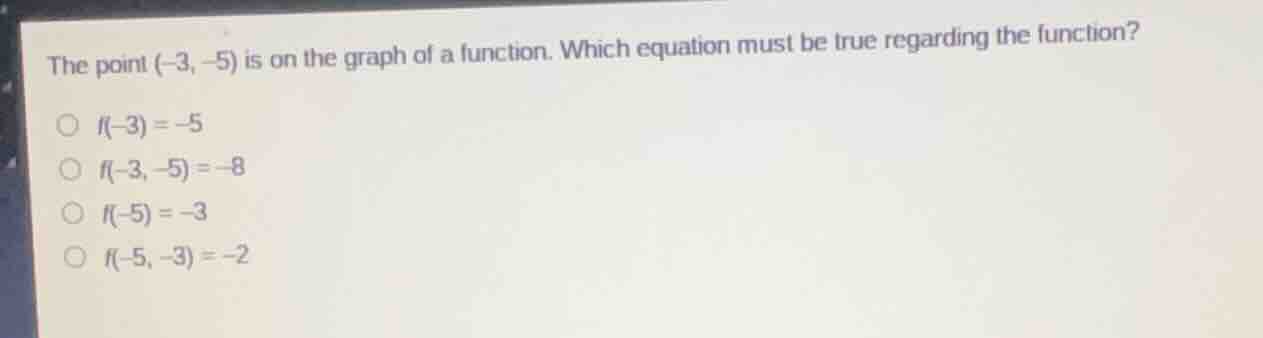 the point (-3, -5) is on the graph of a function. which equation must b…