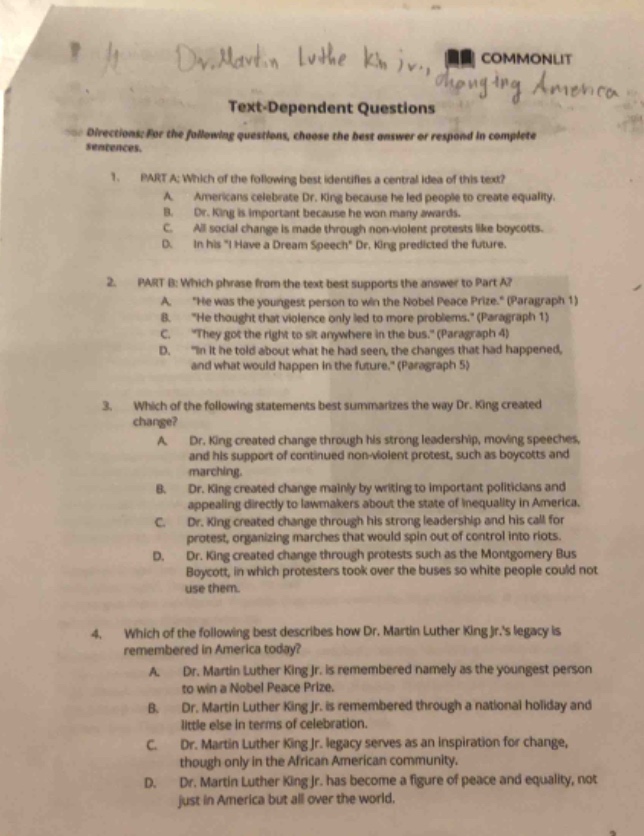 text-dependent questions directions: for the following questions, choos…