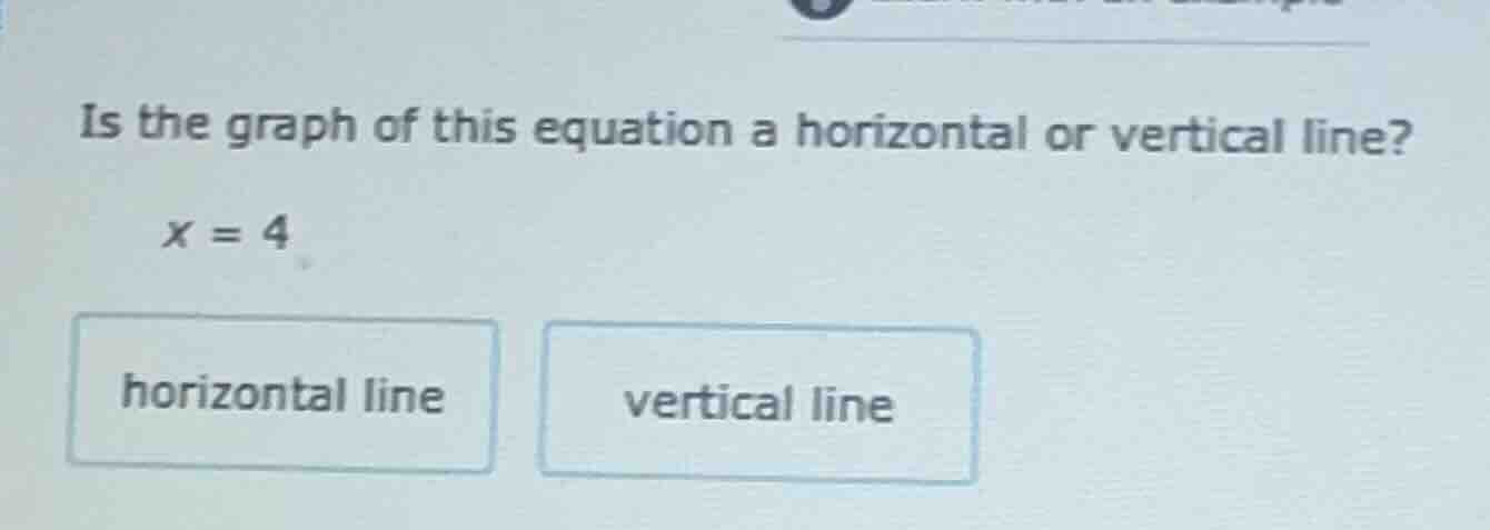is the graph of this equation a horizontal or vertical line? x = 4 hori…