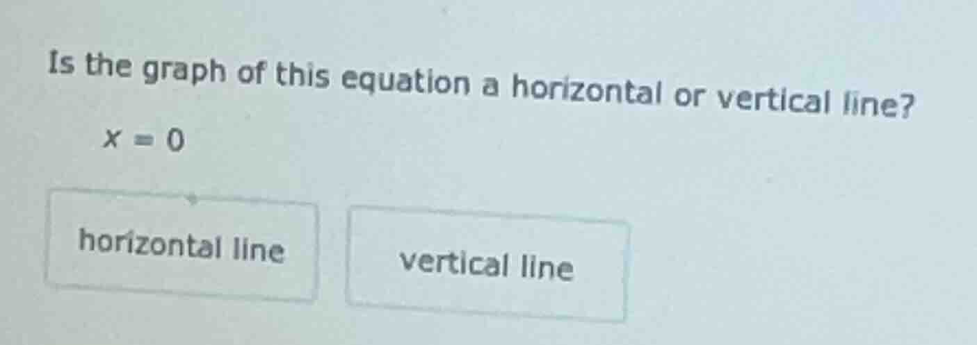 is the graph of this equation a horizontal or vertical line? x = 0 hori…