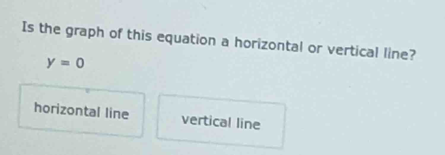 is the graph of this equation a horizontal or vertical line? y = 0 hori…