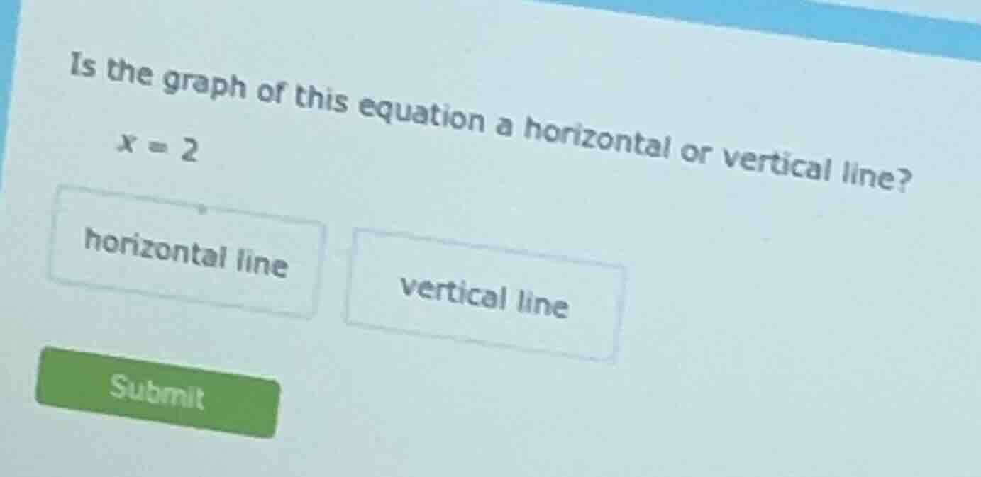 is the graph of this equation a horizontal or vertical line? x = 2 hori…