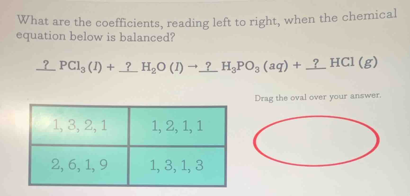 what are the coefficients, reading left to right, when the chemical equ…