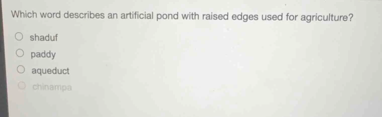 which word describes an artificial pond with raised edges used for agri…