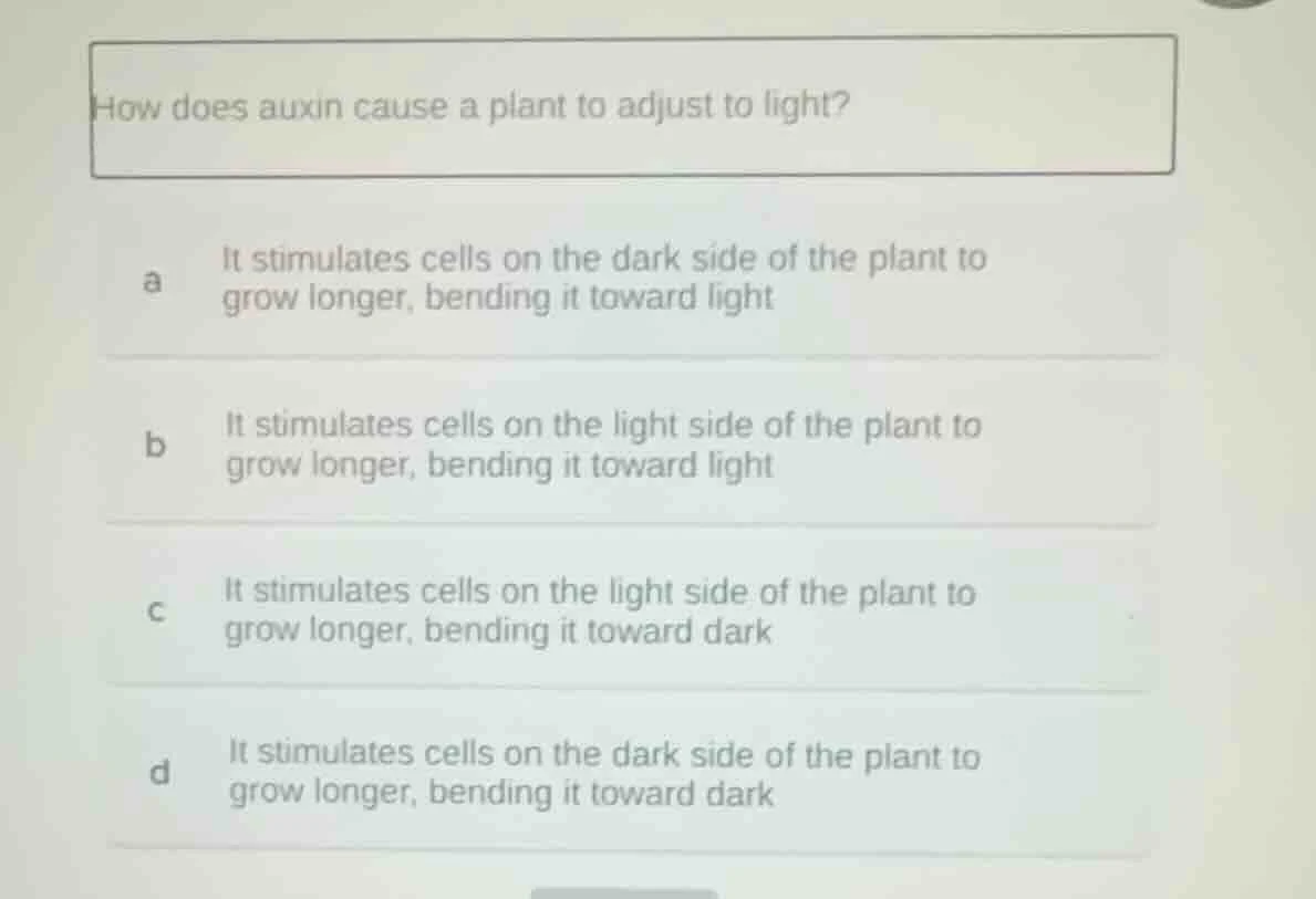 how does auxin cause a plant to adjust to light? a it stimulates cells …