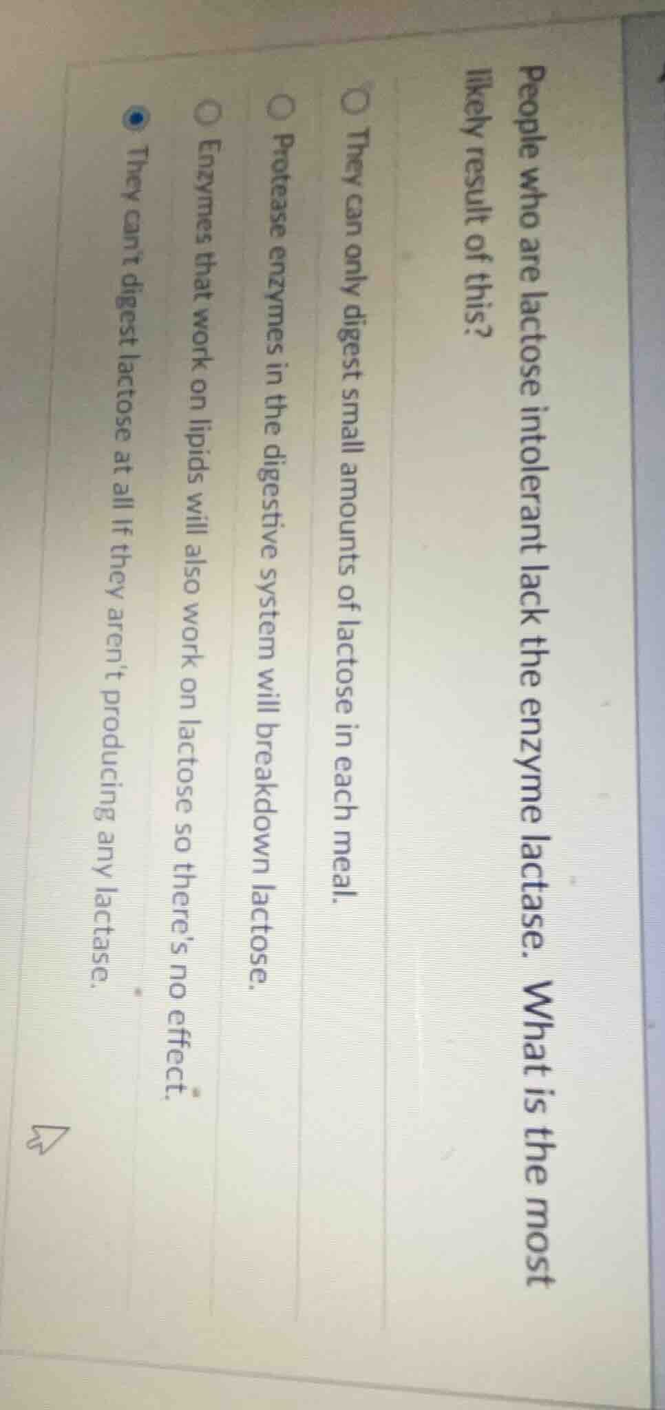 people who are lactose intolerant lack the enzyme lactase. what is the …
