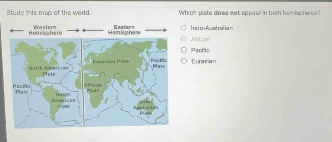 study this map of the world. which plate does not appear in both hemisp…