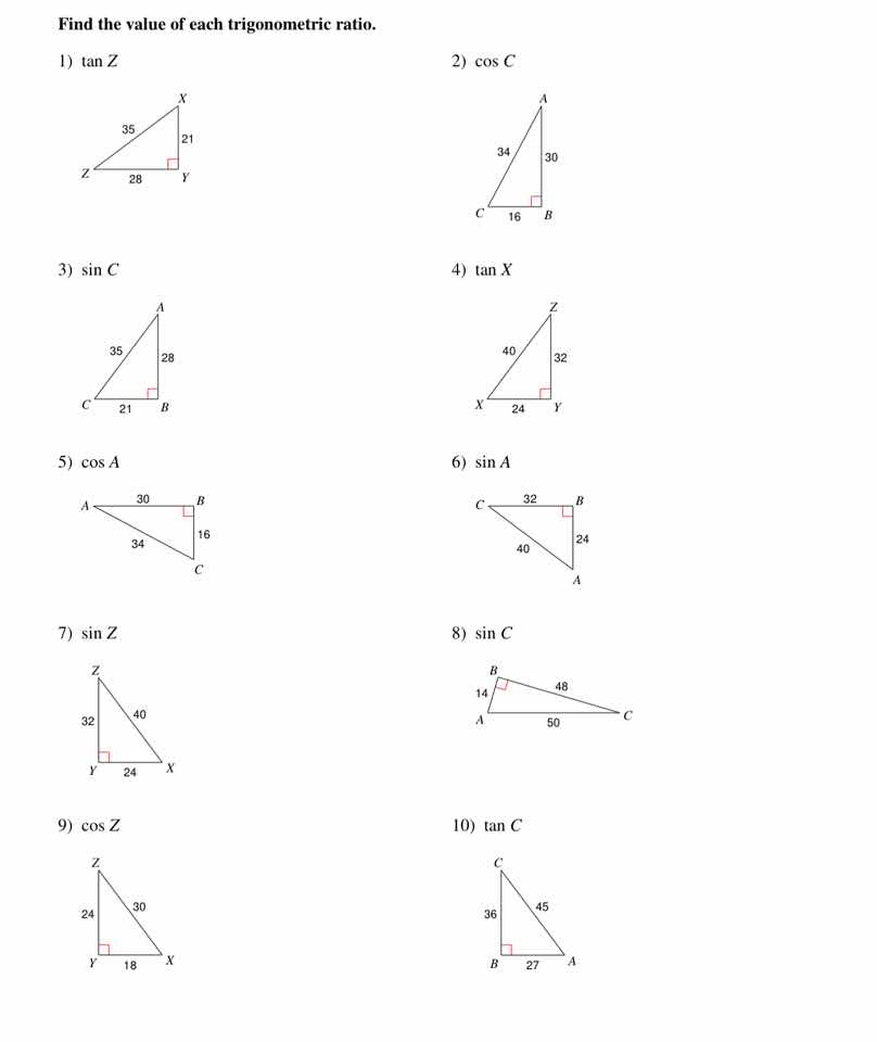 find the value of each trigonometric ratio. 1) $\\tan z$ 2) $\\cos c$ 3…