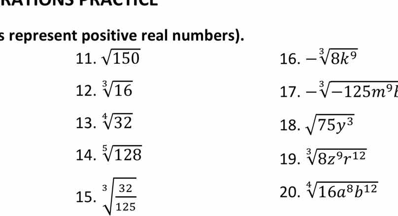 s represent positive real numbers). 11. \\(\\sqrt{150}\\) 12. \\(\\sqrt…