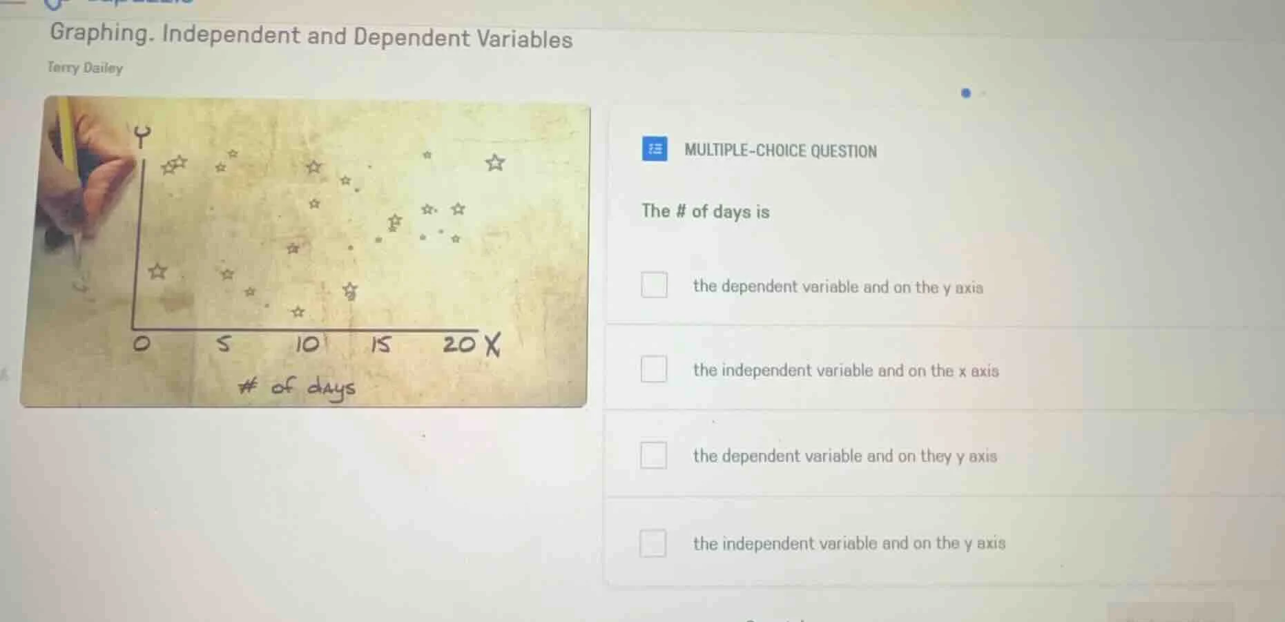 graphing. independent and dependent variables terry dailey multiple-cho…