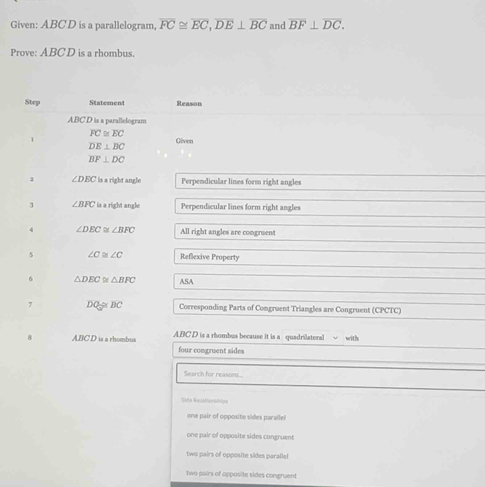 given: abcd is a parallelogram, \\(\\overline{fc} \\cong \\overline{ec}…