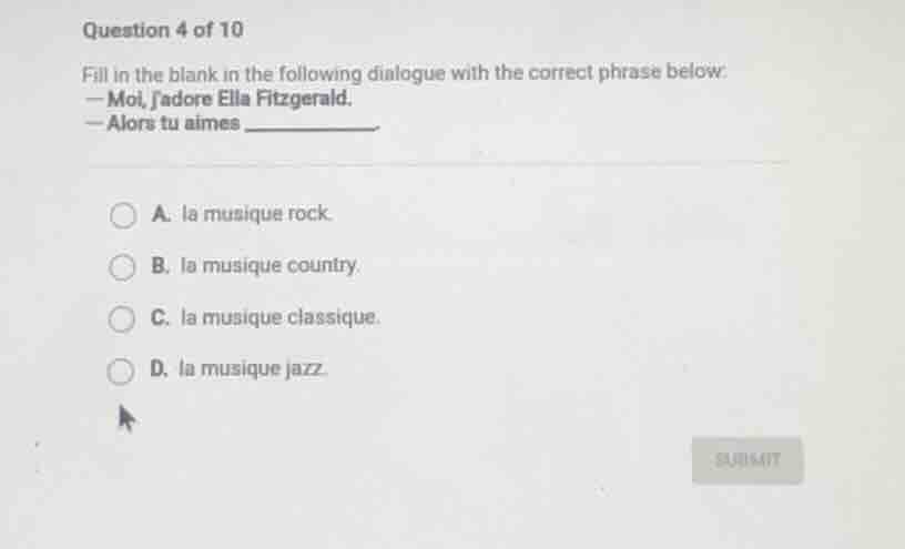 question 4 of 10 fill in the blank in the following dialogue with the c…