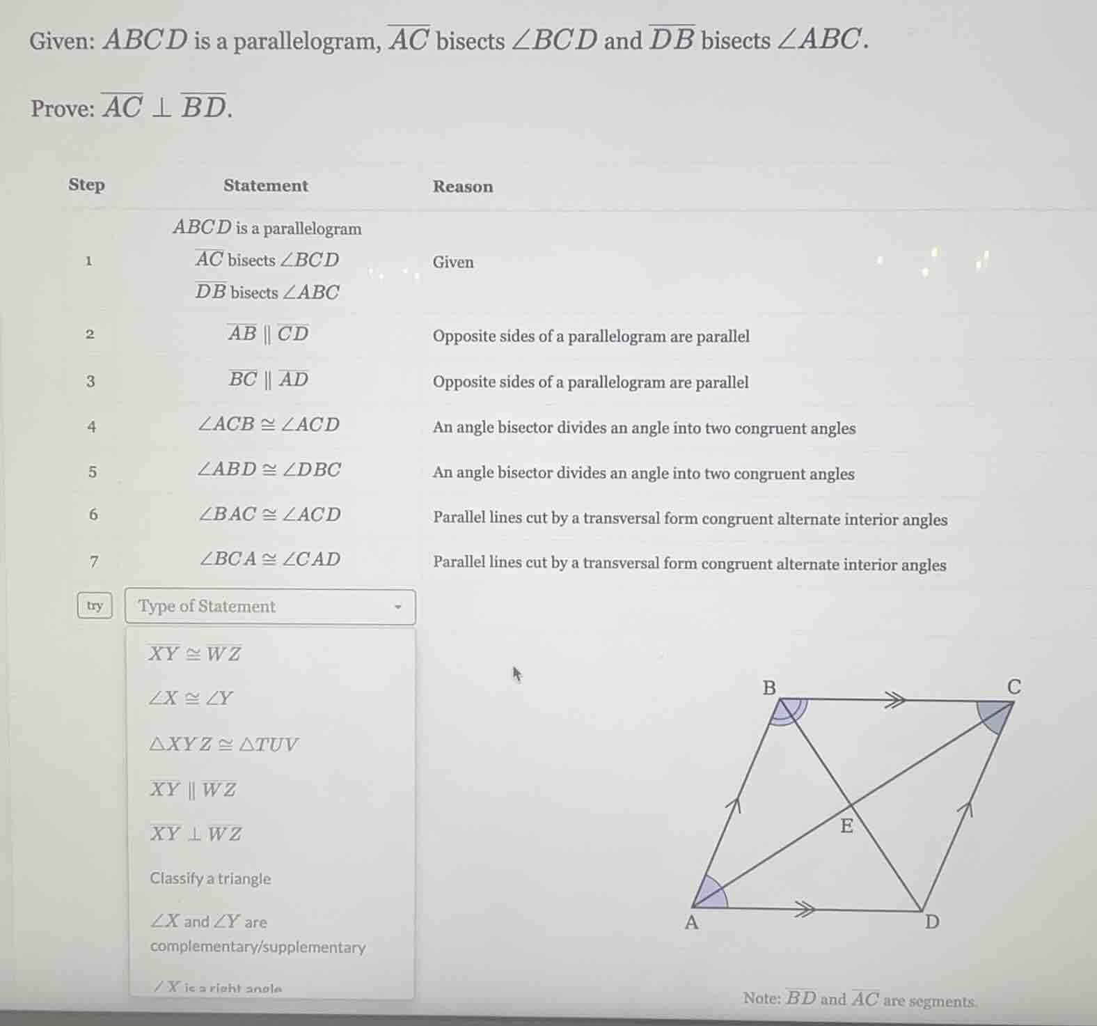 given: abcd is a parallelogram, \\(\\overline{ac}\\) bisects \\(\\angle…