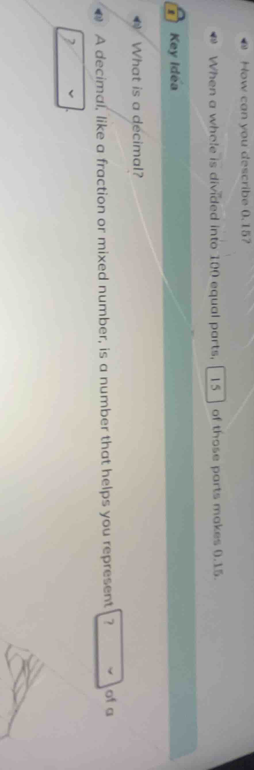how can you describe 0.15? when a whole is divided into 100 equal parts…