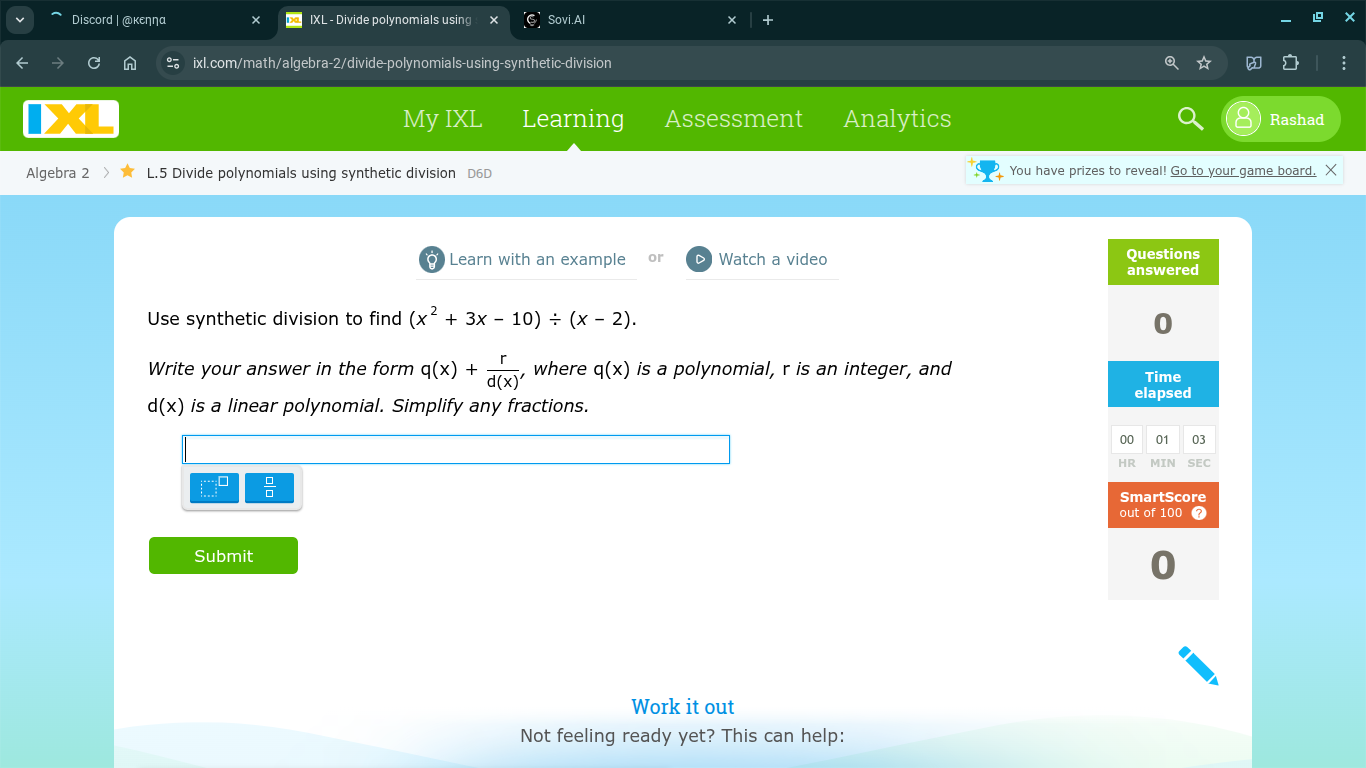 use synthetic division to find $(x^{2} + 3x - 10) \\div (x - 2)$. write…