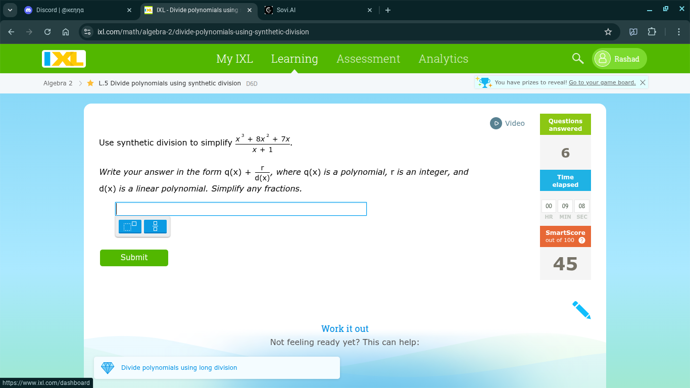 use synthetic division to simplify \\(\\frac{x^3 + 8x^2 + 7x}{x + 1}\\)…