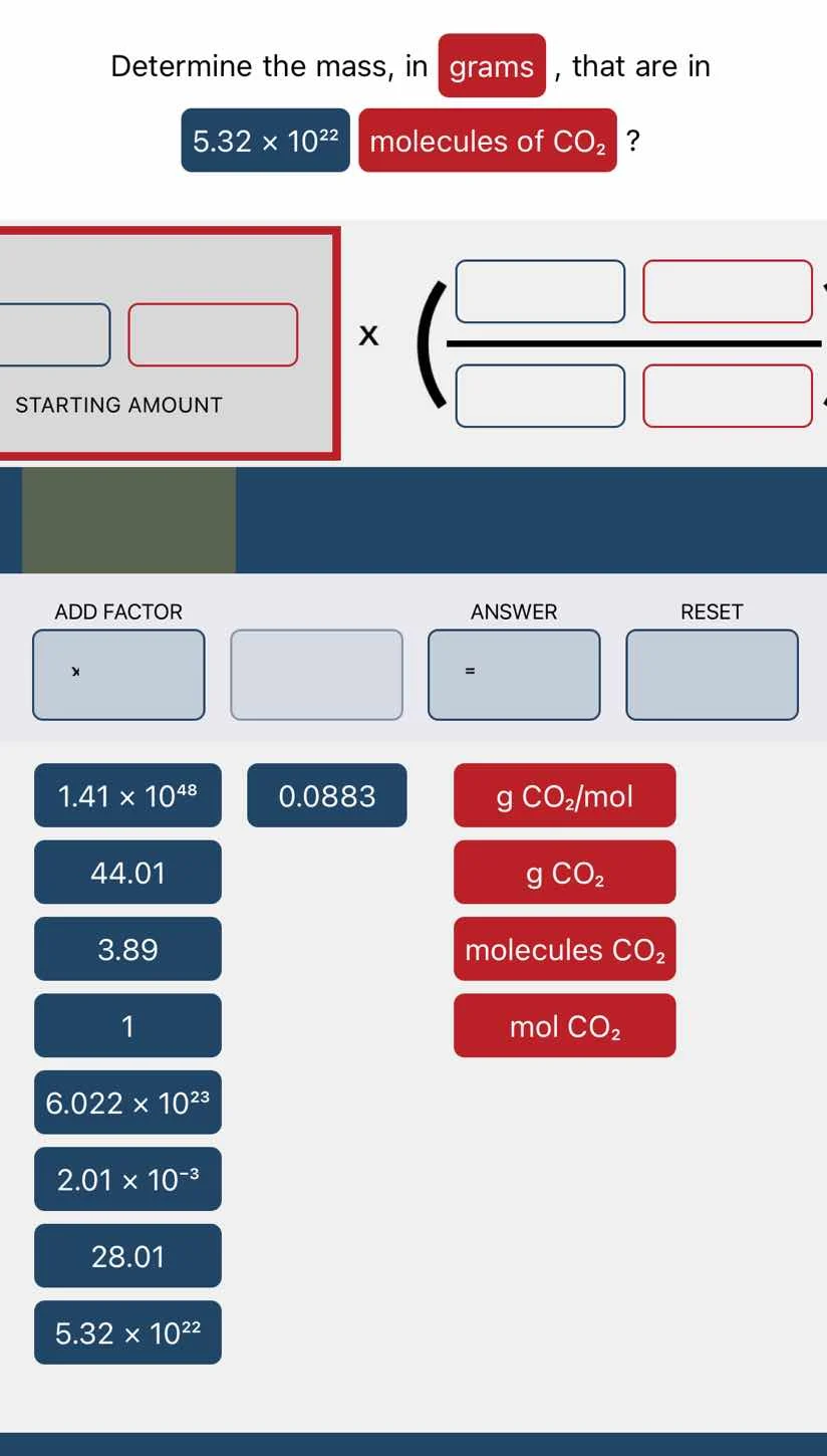 determine the mass, in grams, that are in 5.32 × 10²² molecules of co₂?…
