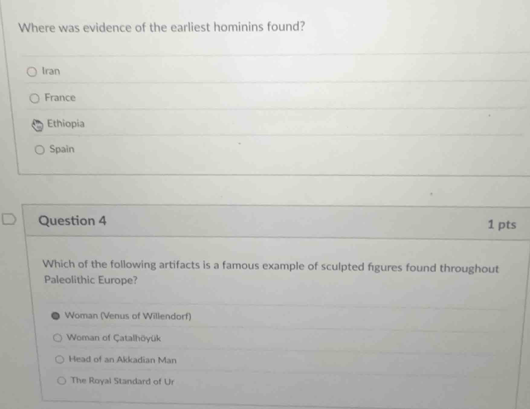 where was evidence of the earliest hominins found? ○ iran ○ france ○ et…